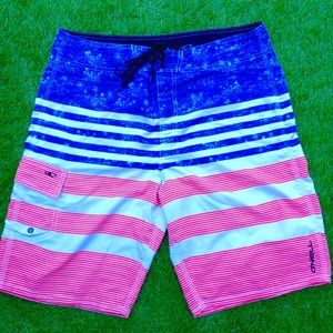 Excellent Used Condition Men's O'NEILL Red White Blue Board Shorts Size 33